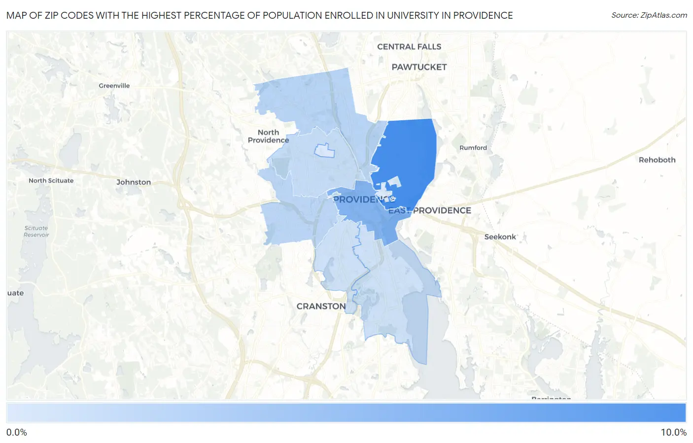 Zip Codes with the Highest Percentage of Population Enrolled in University in Providence Map