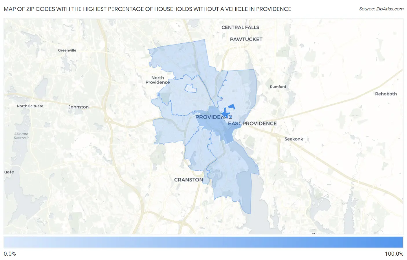 Zip Codes with the Highest Percentage of Households Without a Vehicle in Providence Map