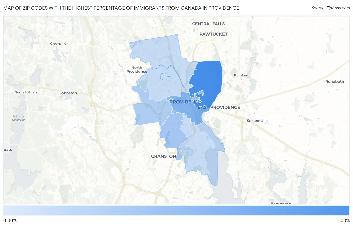 Zip Codes with the Highest Percentage of Immigrants from Canada in Providence Map