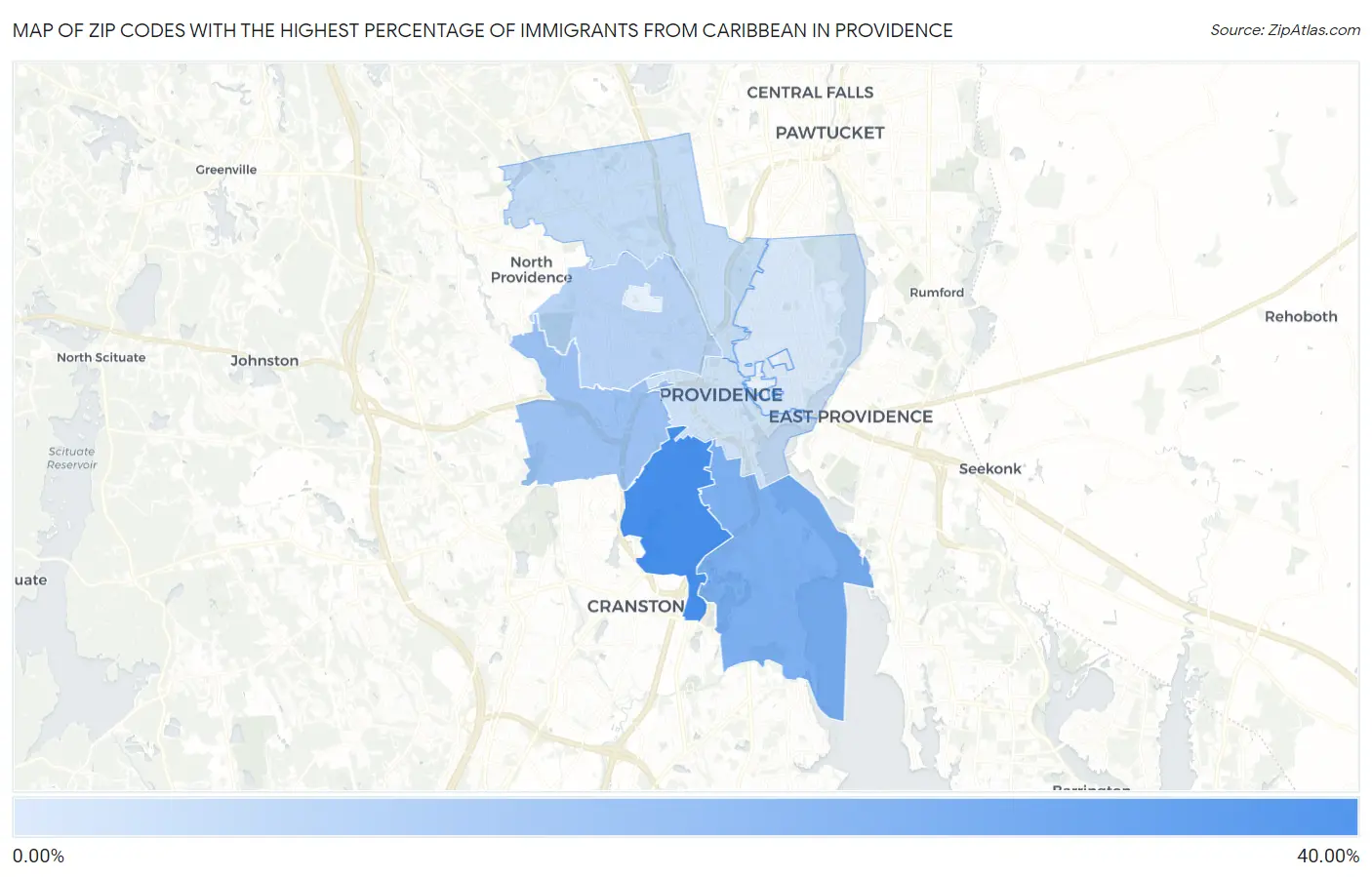 Zip Codes with the Highest Percentage of Immigrants from Caribbean in Providence Map