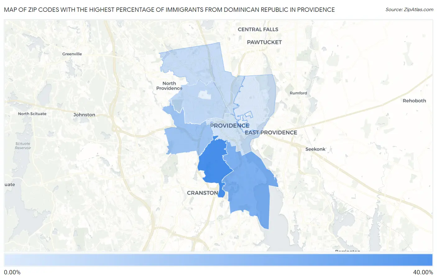 Zip Codes with the Highest Percentage of Immigrants from Dominican Republic in Providence Map