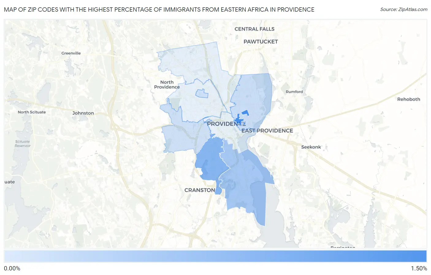 Zip Codes with the Highest Percentage of Immigrants from Eastern Africa in Providence Map