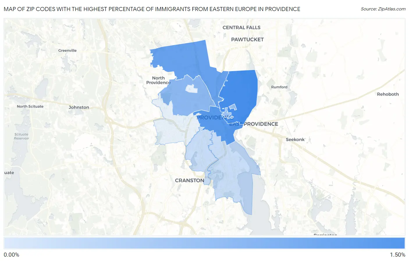 Zip Codes with the Highest Percentage of Immigrants from Eastern Europe in Providence Map