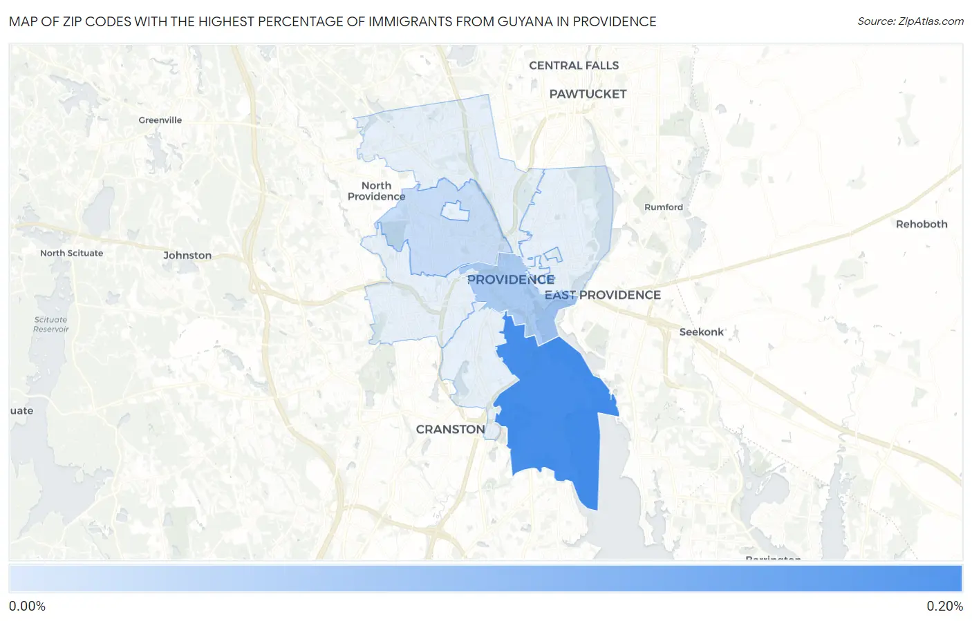 Zip Codes with the Highest Percentage of Immigrants from Guyana in Providence Map