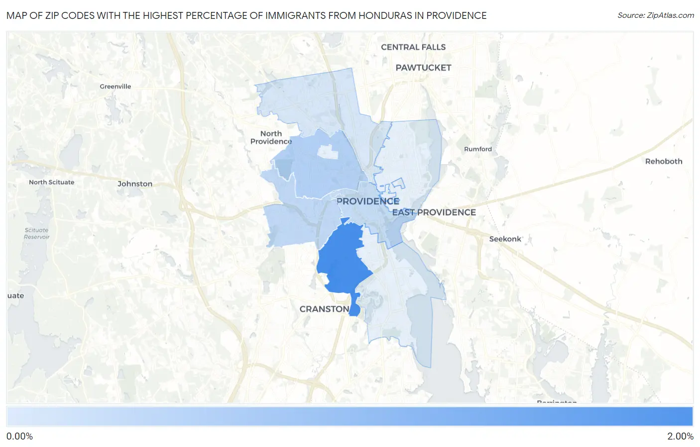 Zip Codes with the Highest Percentage of Immigrants from Honduras in Providence Map