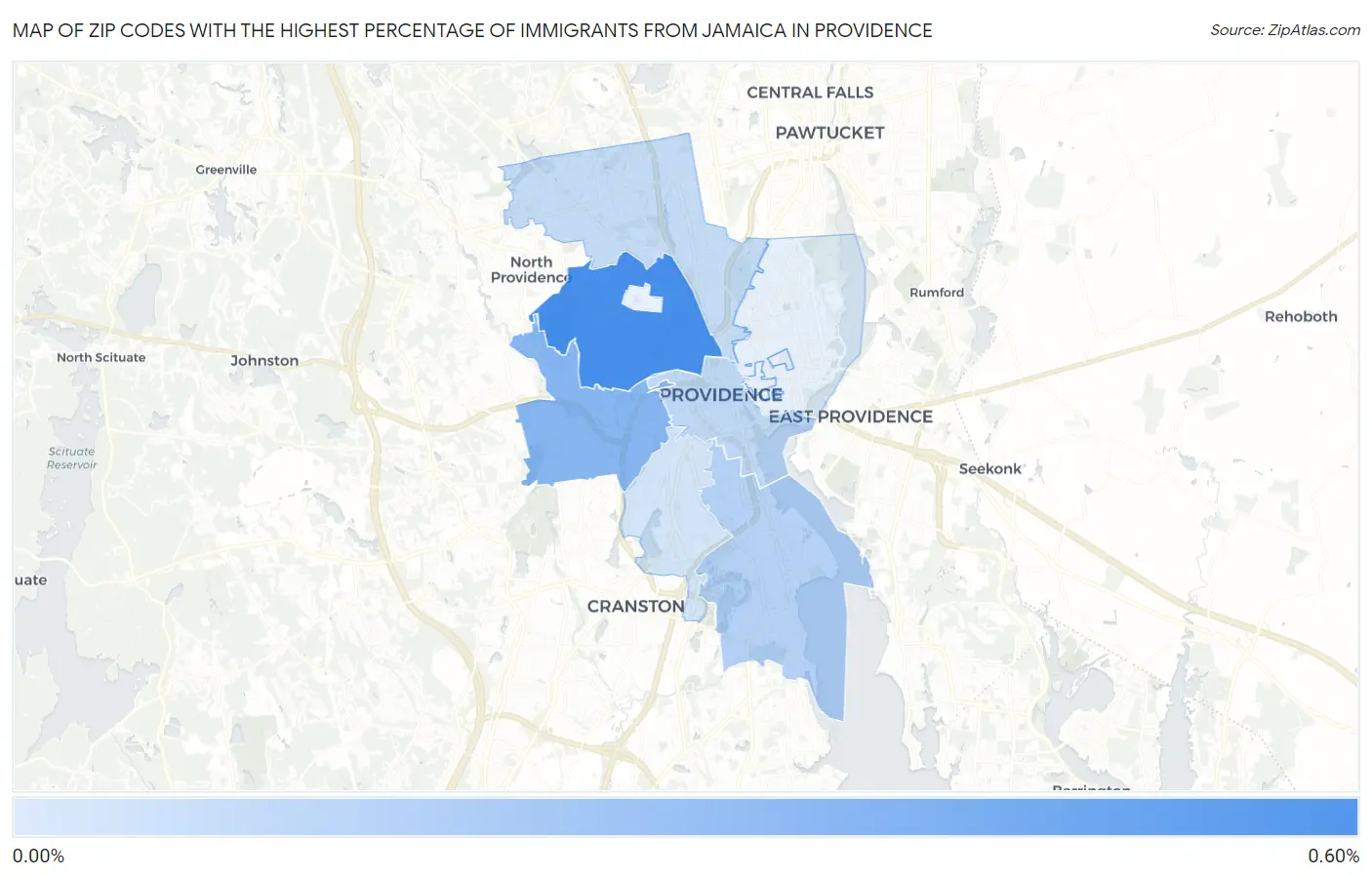 Zip Codes with the Highest Percentage of Immigrants from Jamaica in Providence Map