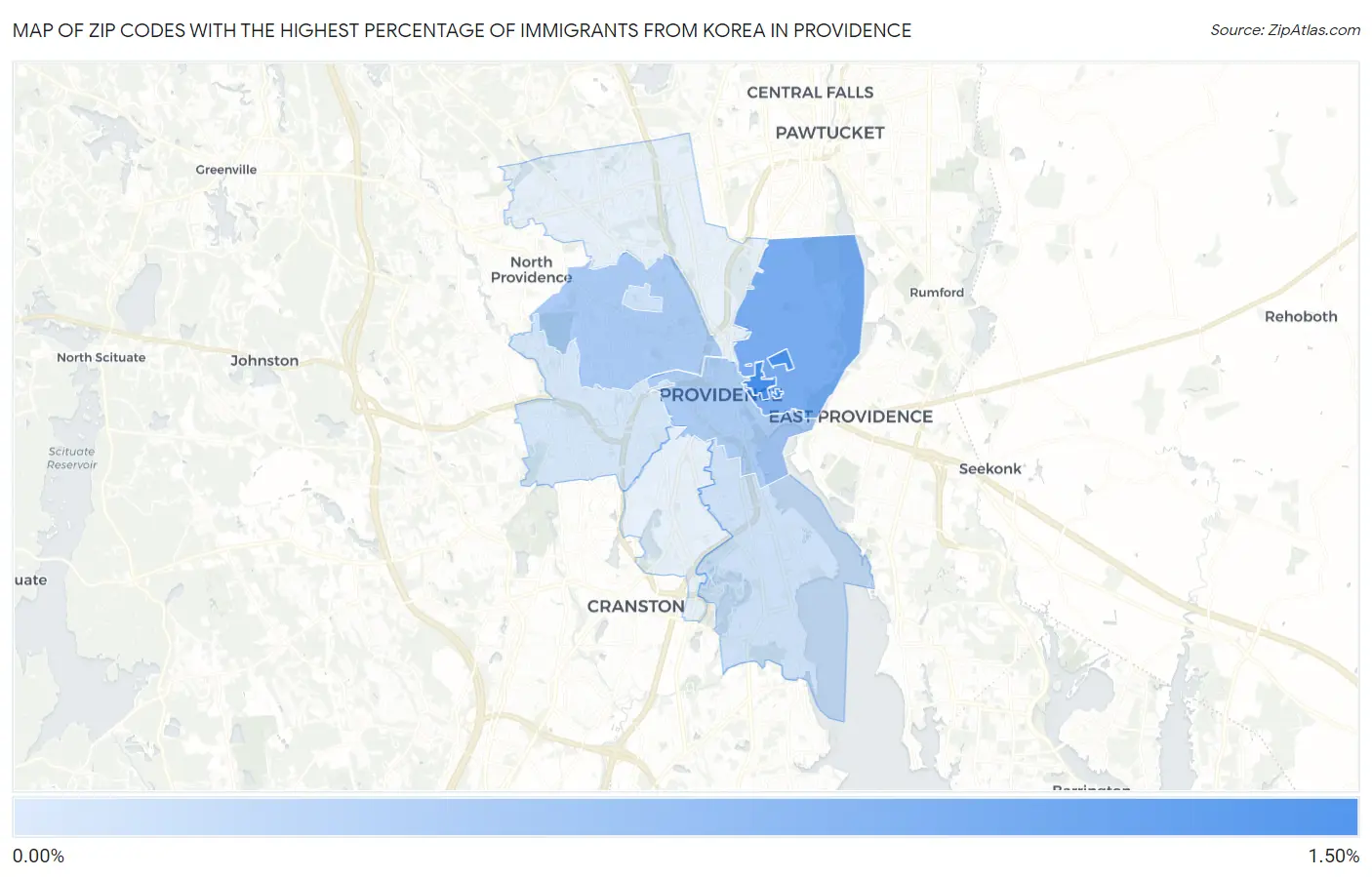 Zip Codes with the Highest Percentage of Immigrants from Korea in Providence Map