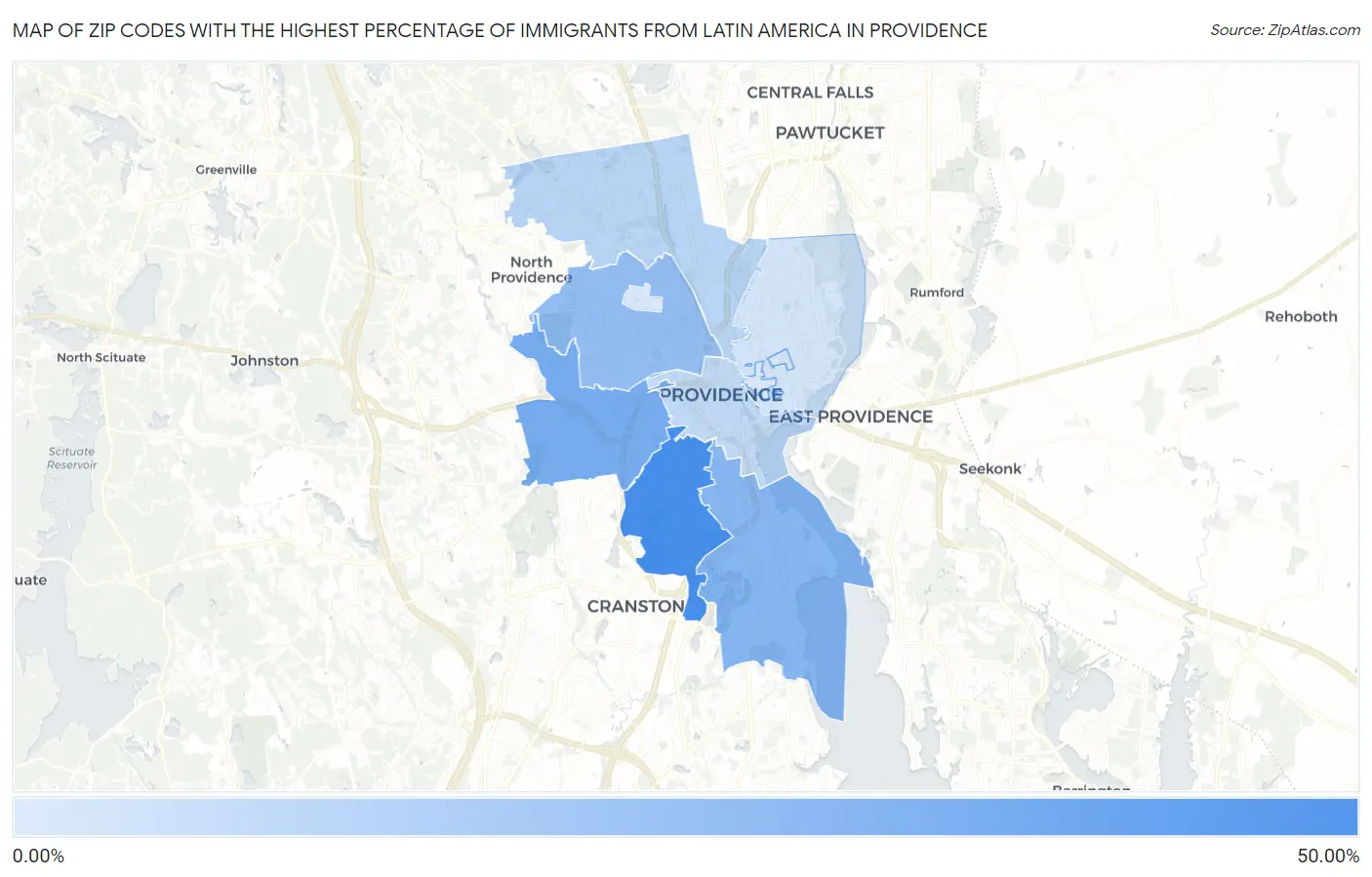 Zip Codes with the Highest Percentage of Immigrants from Latin America in Providence Map