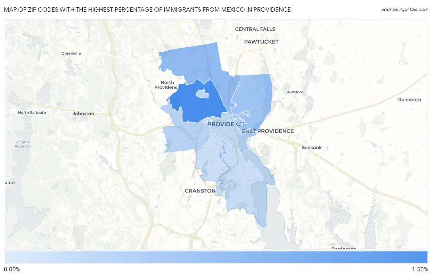 Zip Codes with the Highest Percentage of Immigrants from Mexico in Providence Map