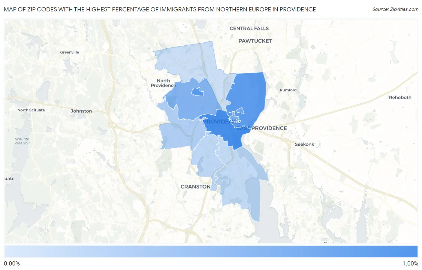 Zip Codes with the Highest Percentage of Immigrants from Northern Europe in Providence Map