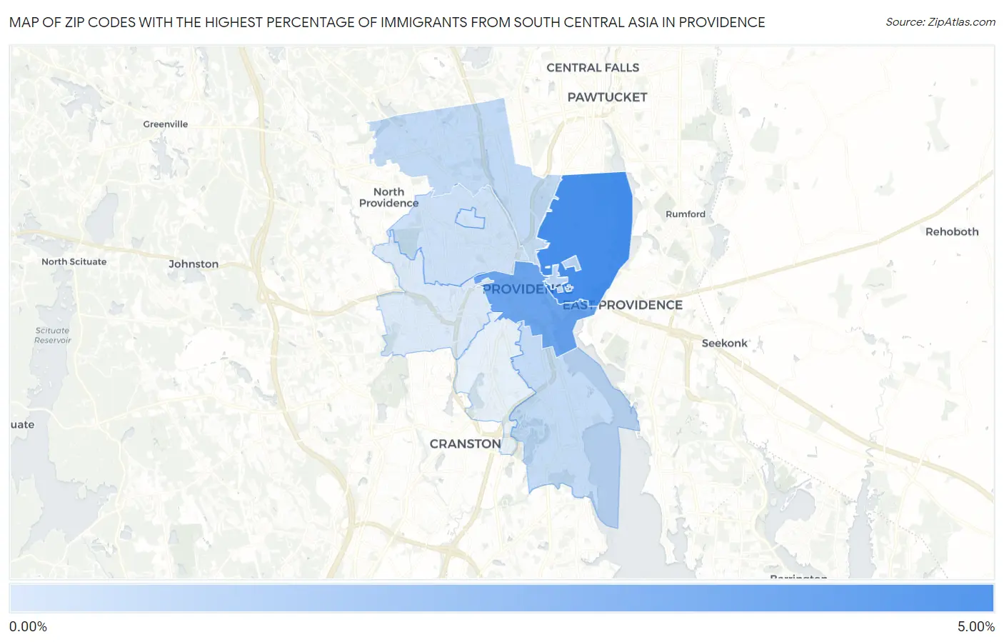 Zip Codes with the Highest Percentage of Immigrants from South Central Asia in Providence Map