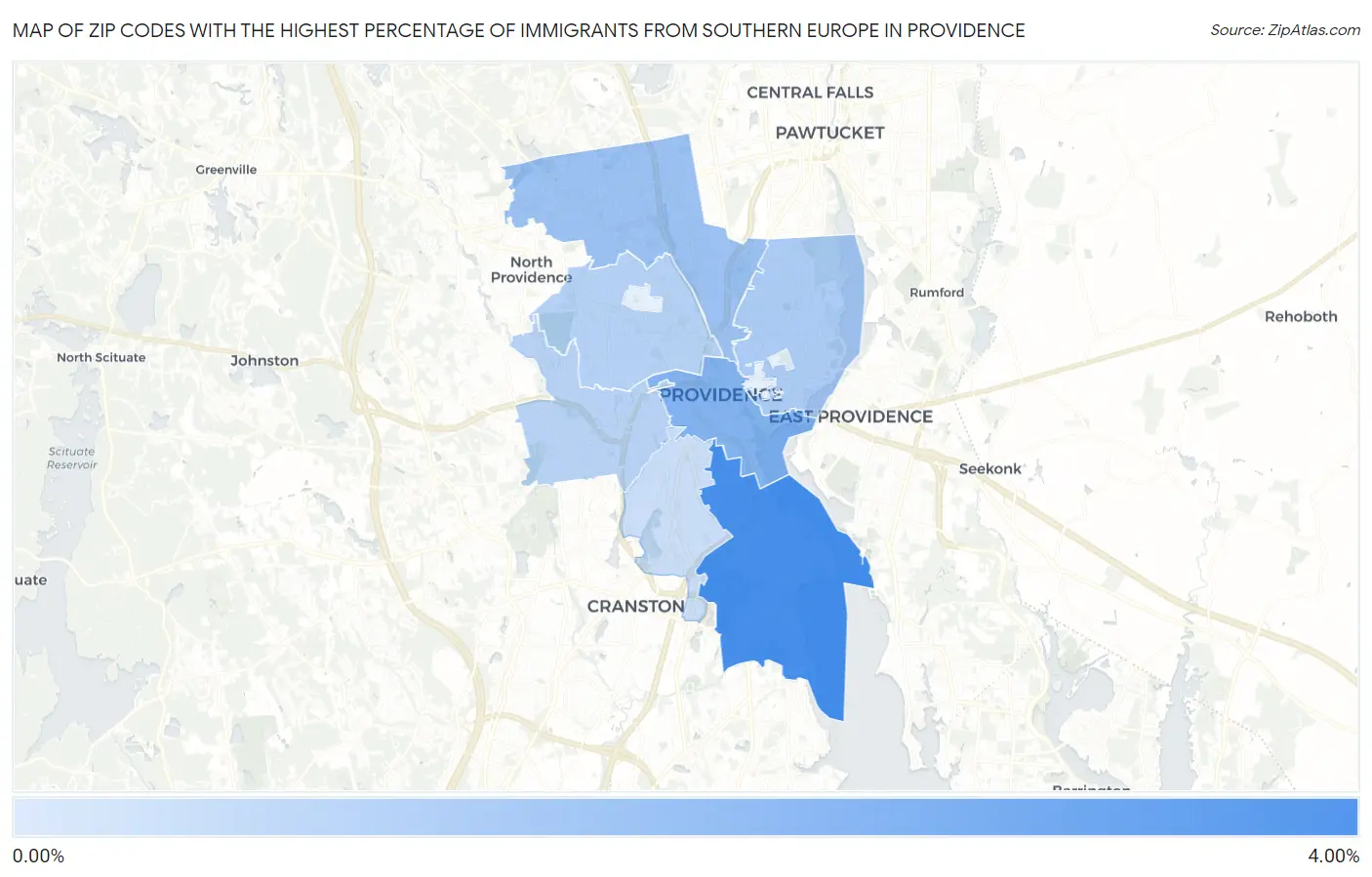 Zip Codes with the Highest Percentage of Immigrants from Southern Europe in Providence Map
