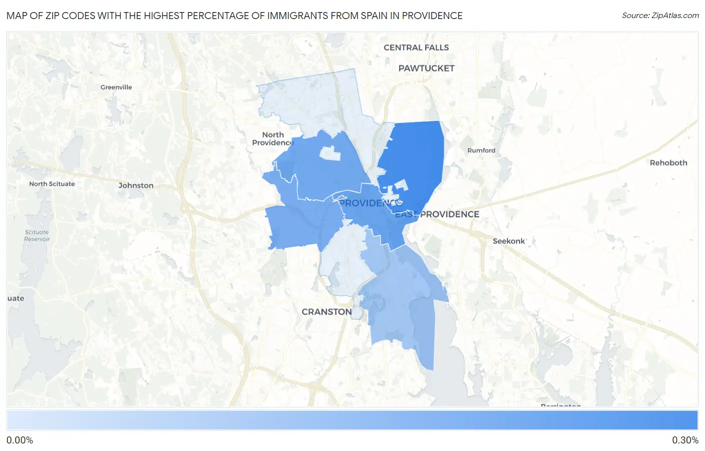Zip Codes with the Highest Percentage of Immigrants from Spain in Providence Map