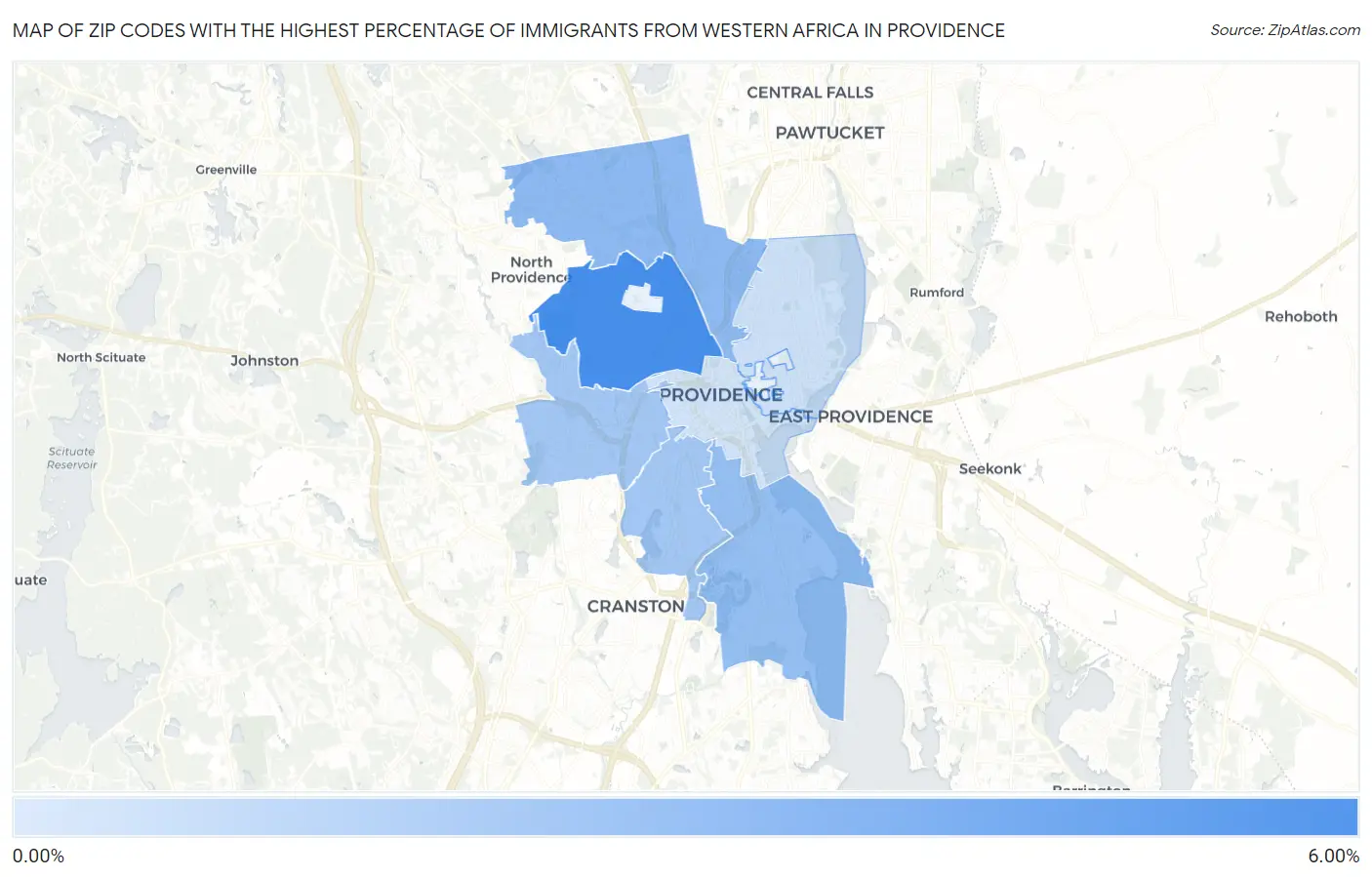 Zip Codes with the Highest Percentage of Immigrants from Western Africa in Providence Map