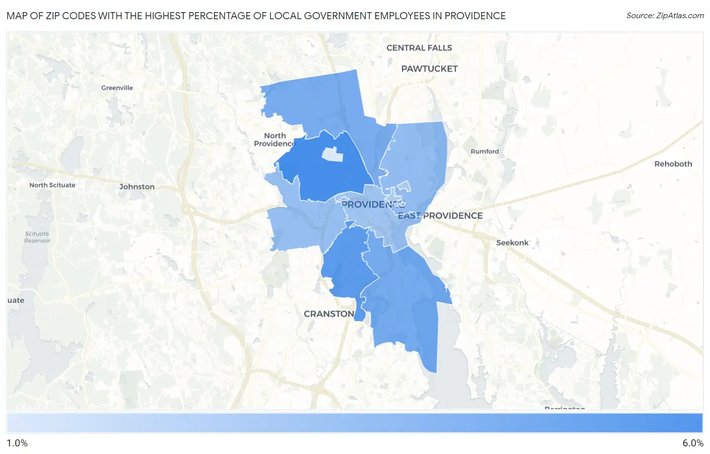 Zip Codes with the Highest Percentage of Local Government Employees in Providence Map
