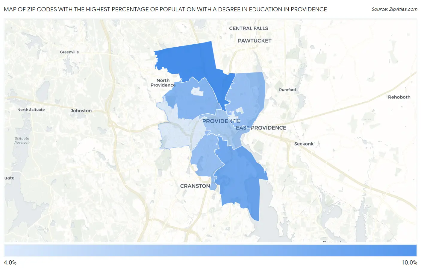 Zip Codes with the Highest Percentage of Population with a Degree in Education in Providence Map