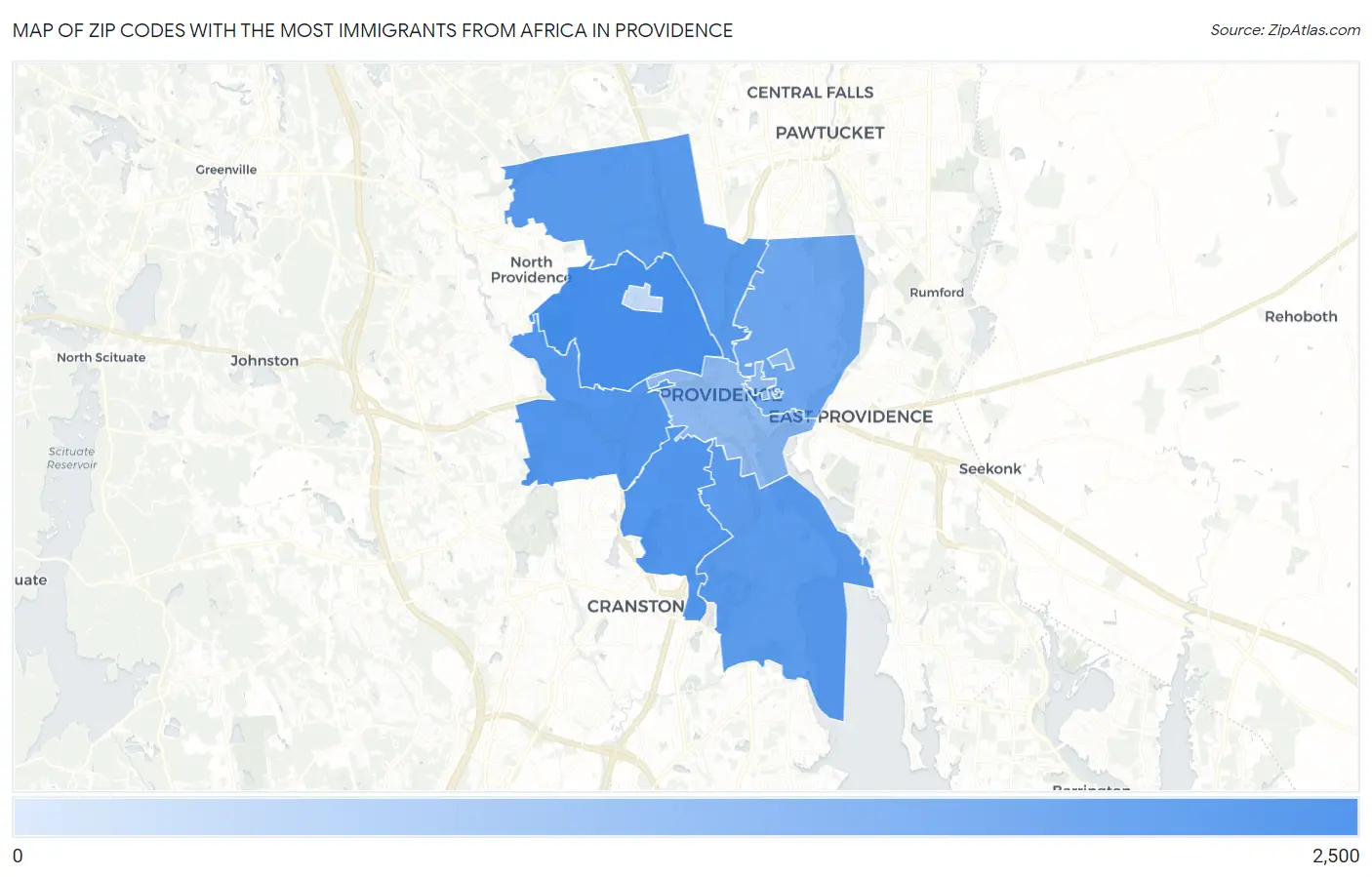 Zip Codes with the Most Immigrants from Africa in Providence Map
