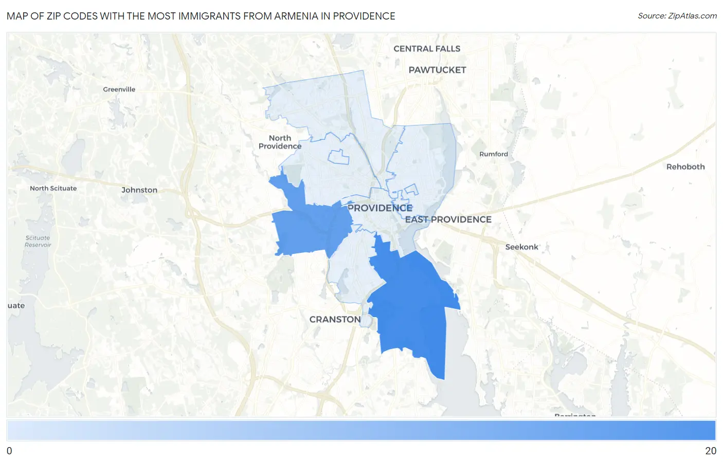 Zip Codes with the Most Immigrants from Armenia in Providence Map