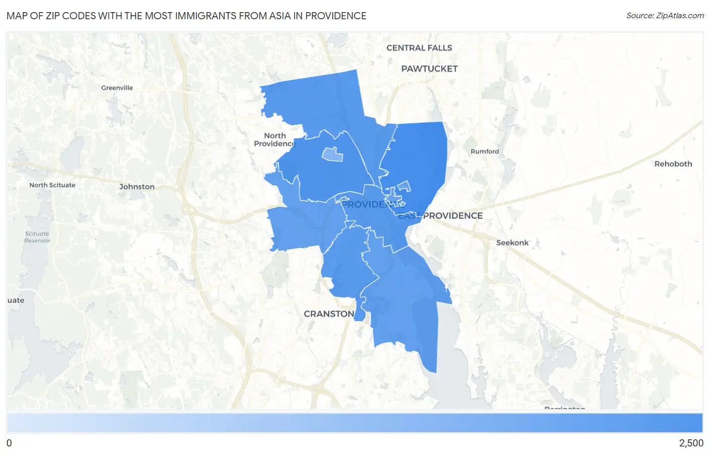 Zip Codes with the Most Immigrants from Asia in Providence Map