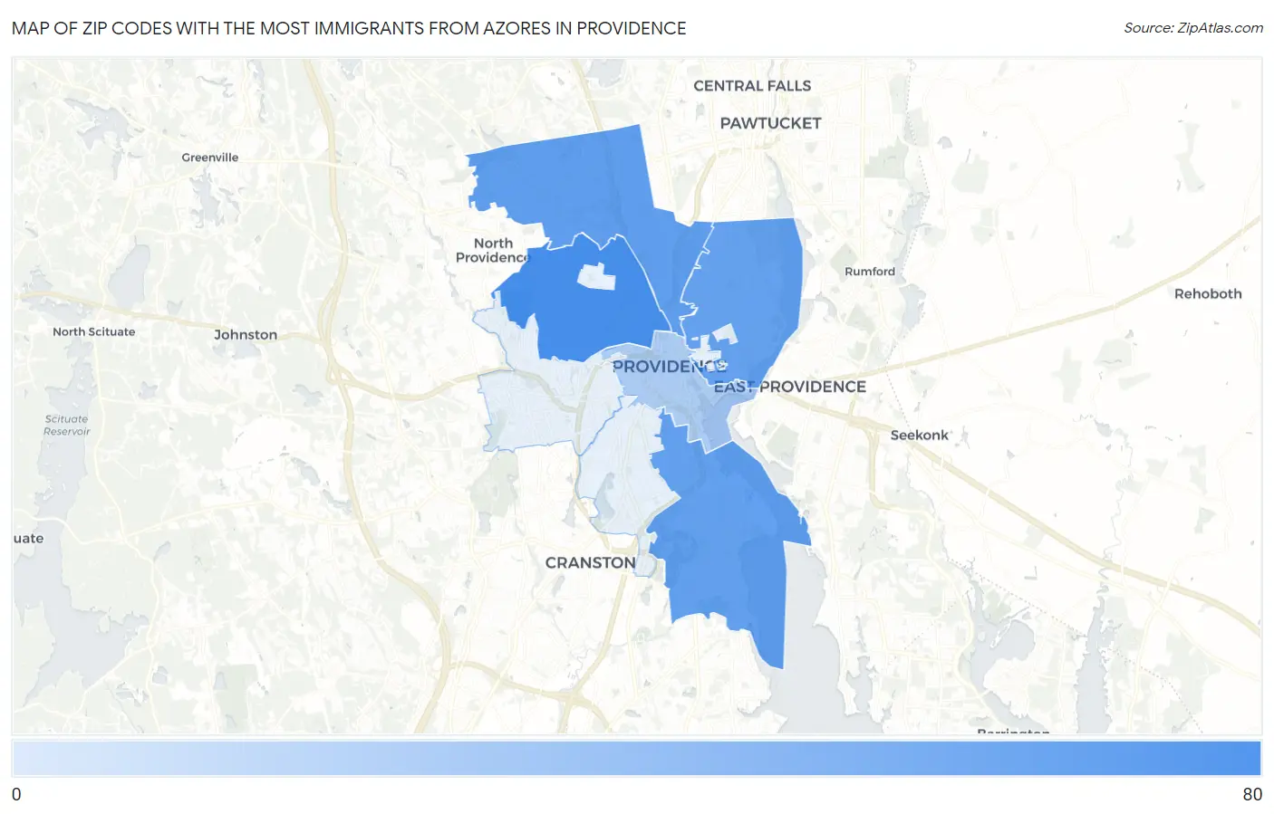 Zip Codes with the Most Immigrants from Azores in Providence Map