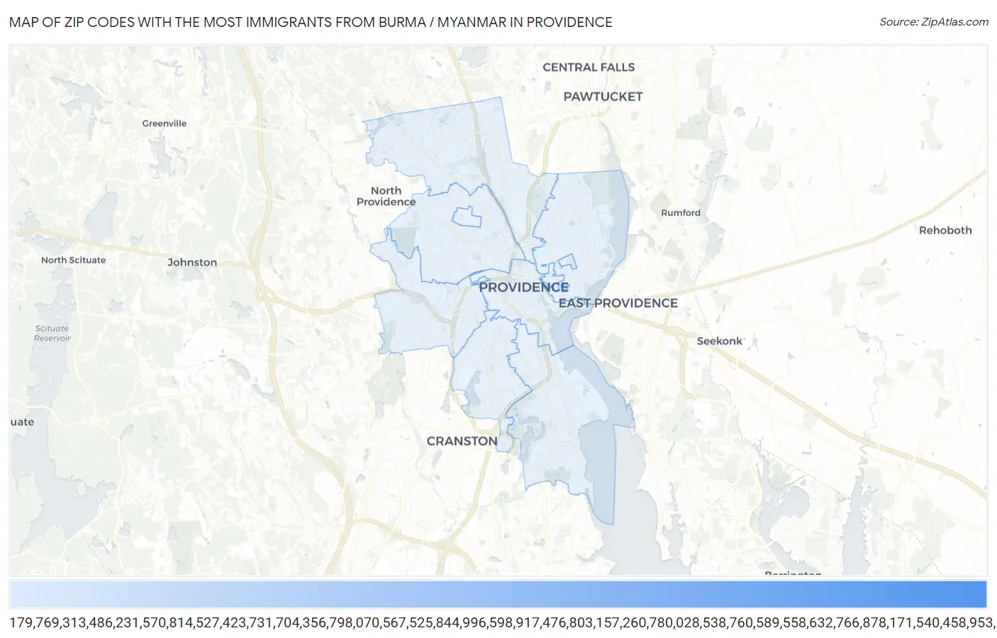 Zip Codes with the Most Immigrants from Burma / Myanmar in Providence Map