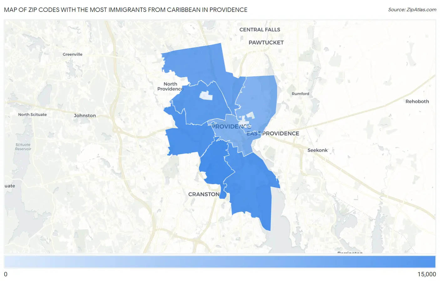 Zip Codes with the Most Immigrants from Caribbean in Providence Map