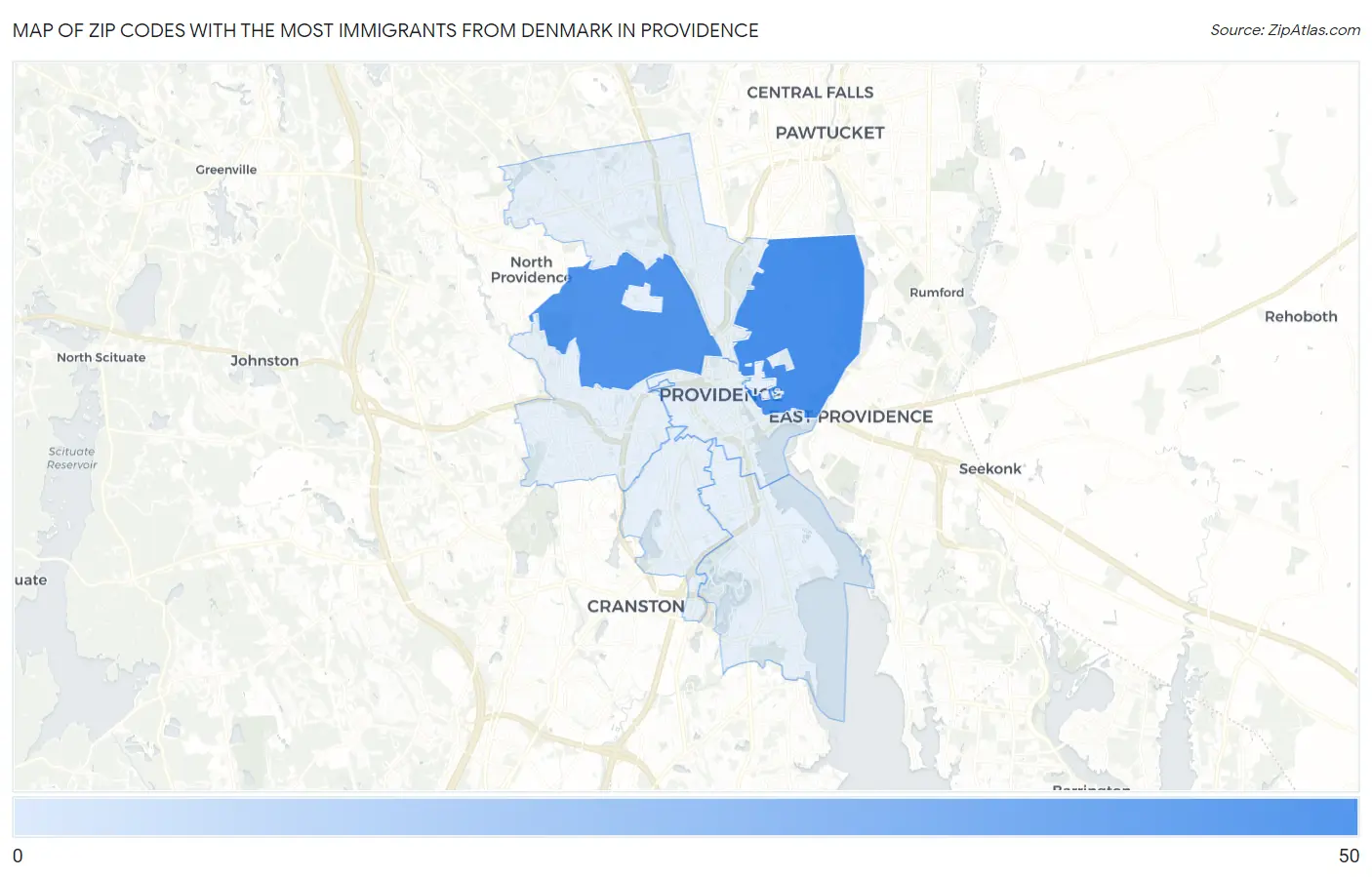 Zip Codes with the Most Immigrants from Denmark in Providence Map