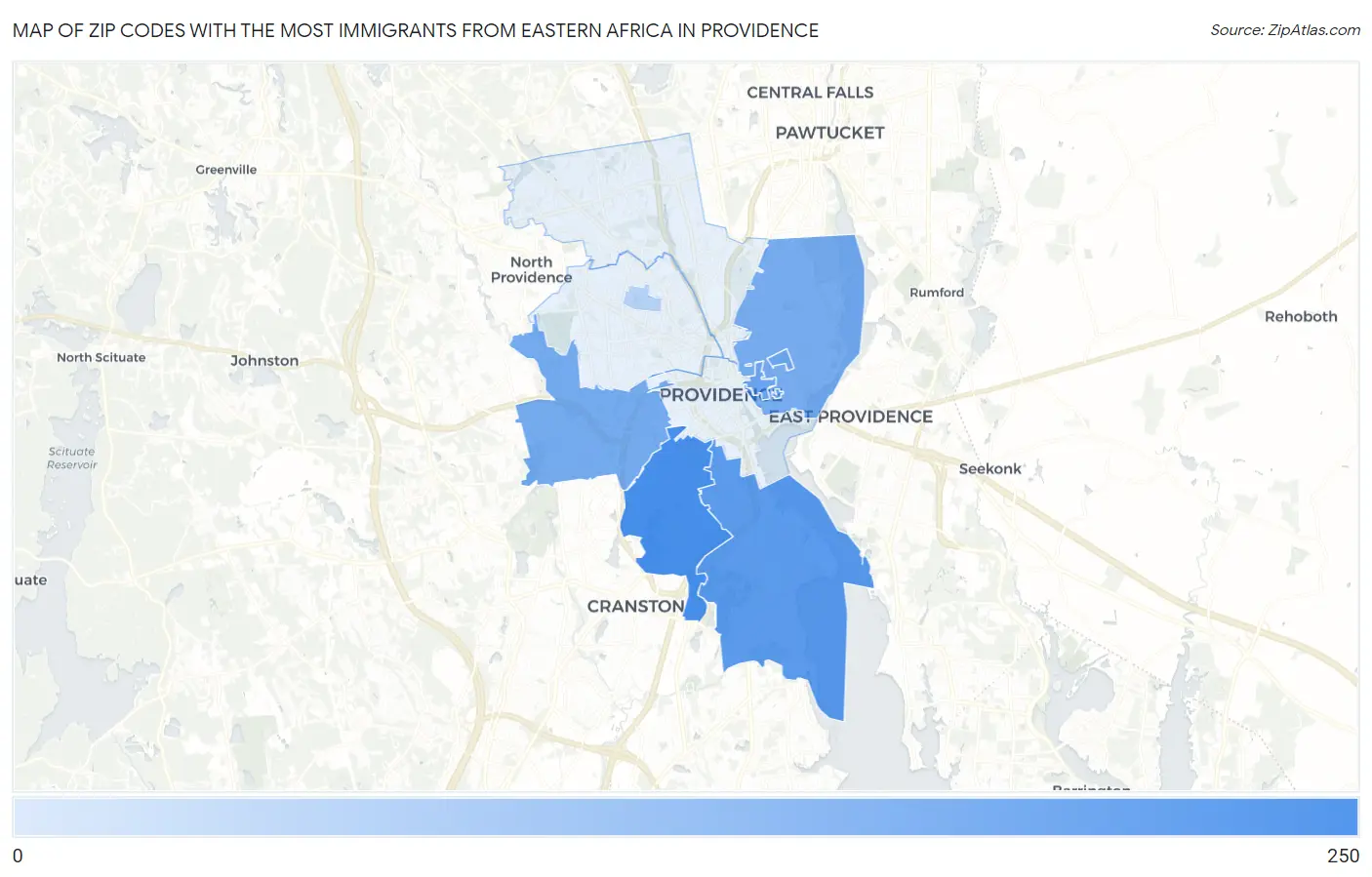 Zip Codes with the Most Immigrants from Eastern Africa in Providence Map