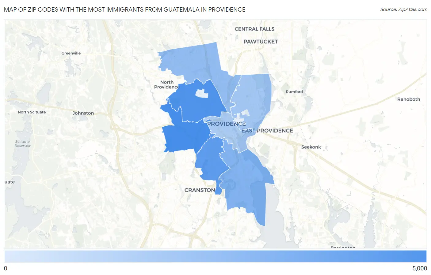 Zip Codes with the Most Immigrants from Guatemala in Providence Map