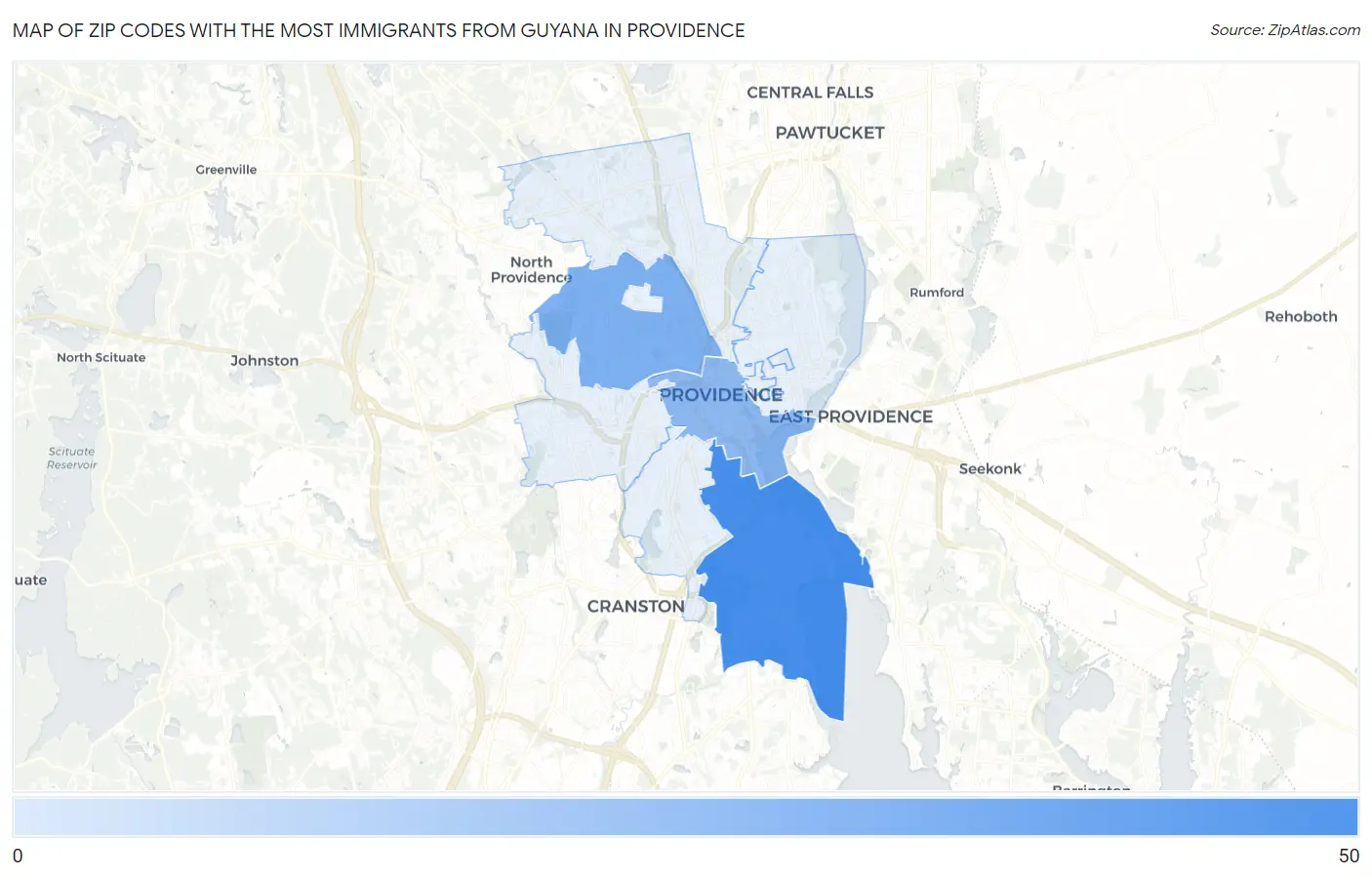 Zip Codes with the Most Immigrants from Guyana in Providence Map