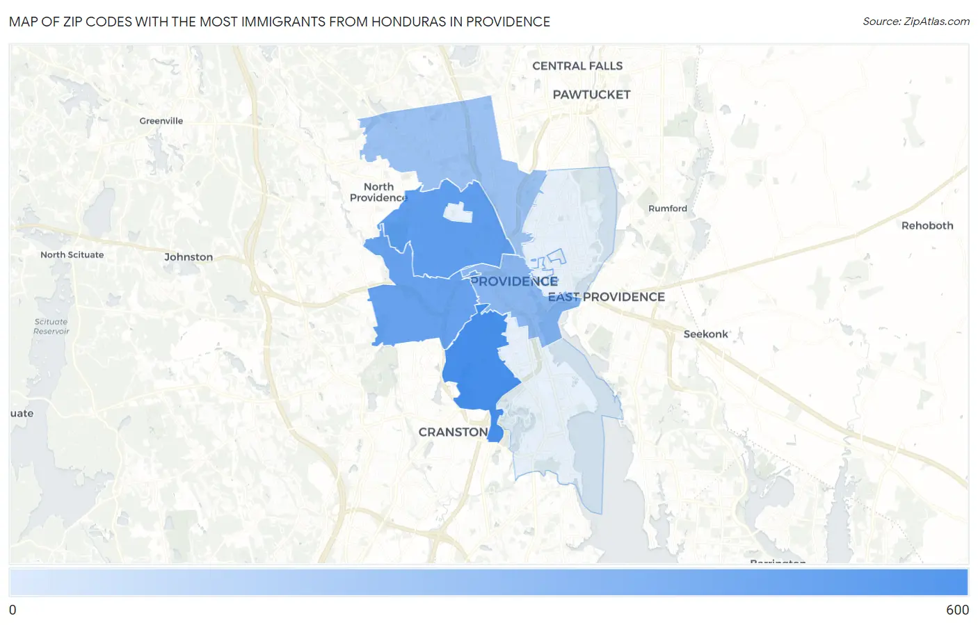 Zip Codes with the Most Immigrants from Honduras in Providence Map