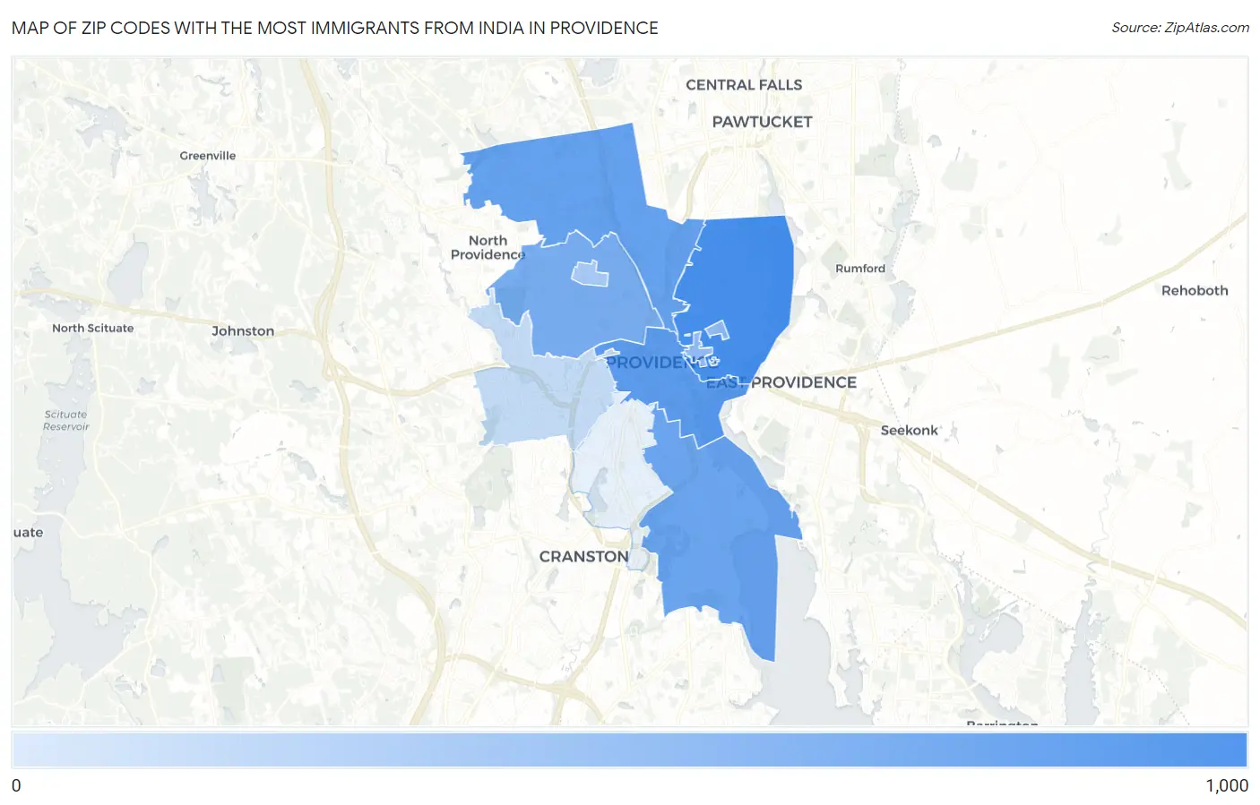 Zip Codes with the Most Immigrants from India in Providence Map