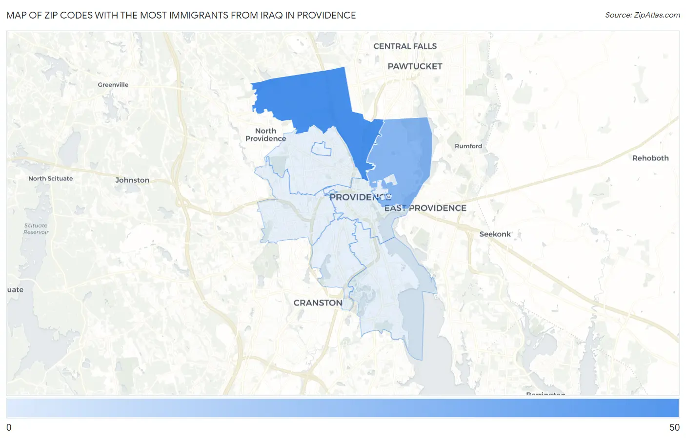 Zip Codes with the Most Immigrants from Iraq in Providence Map