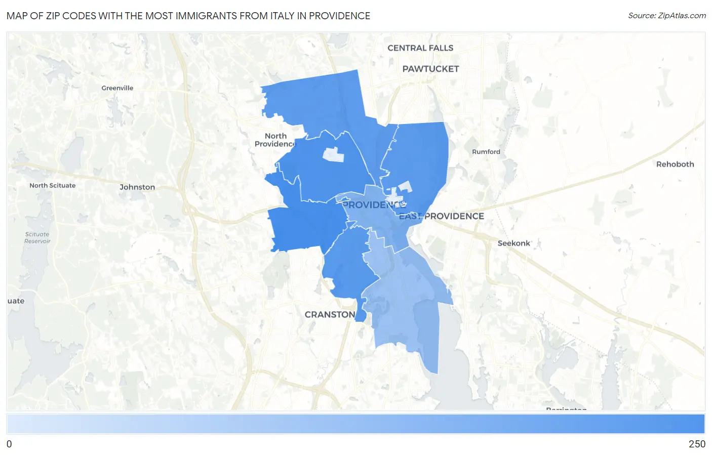 Zip Codes with the Most Immigrants from Italy in Providence Map