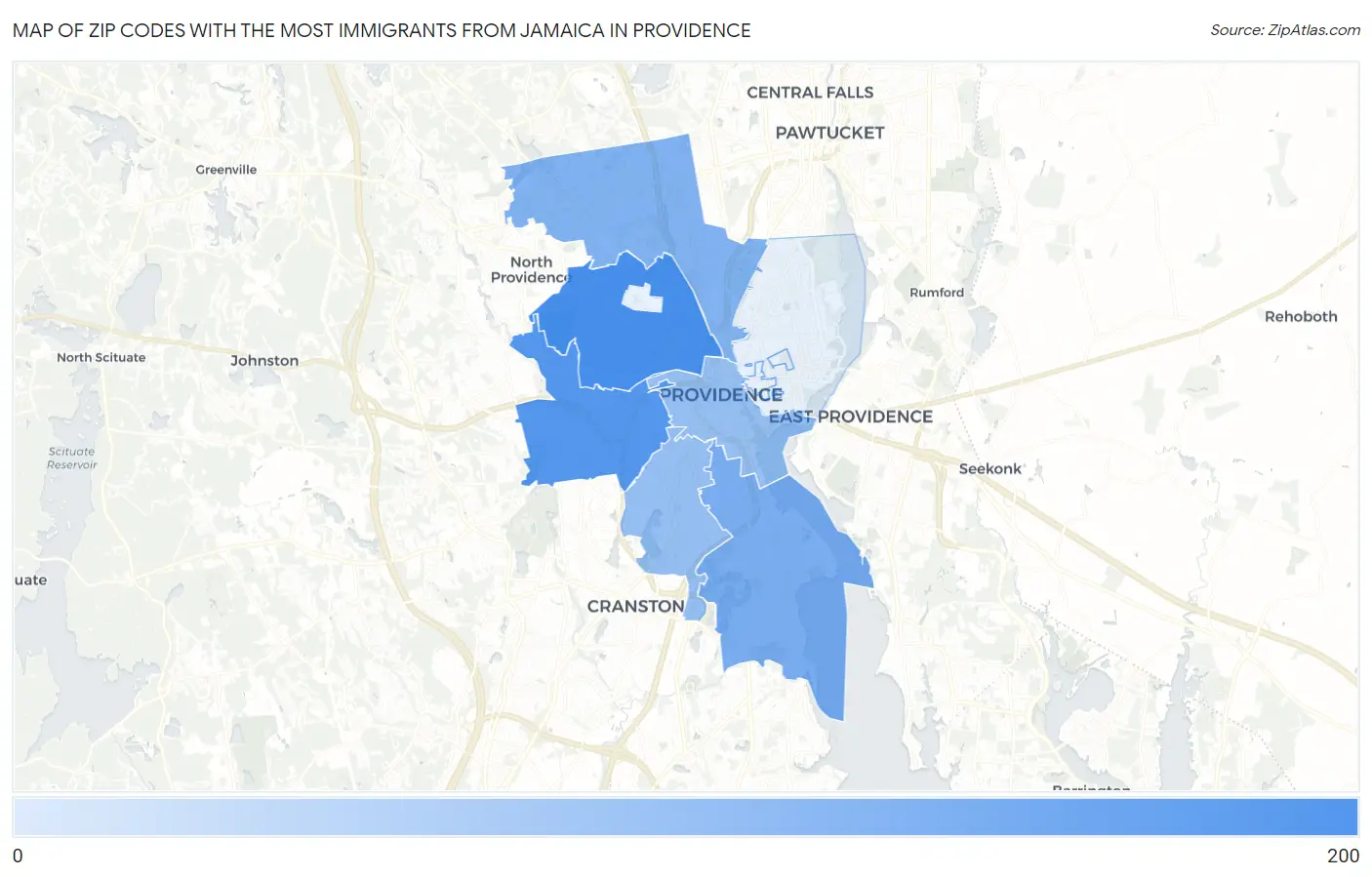 Zip Codes with the Most Immigrants from Jamaica in Providence Map