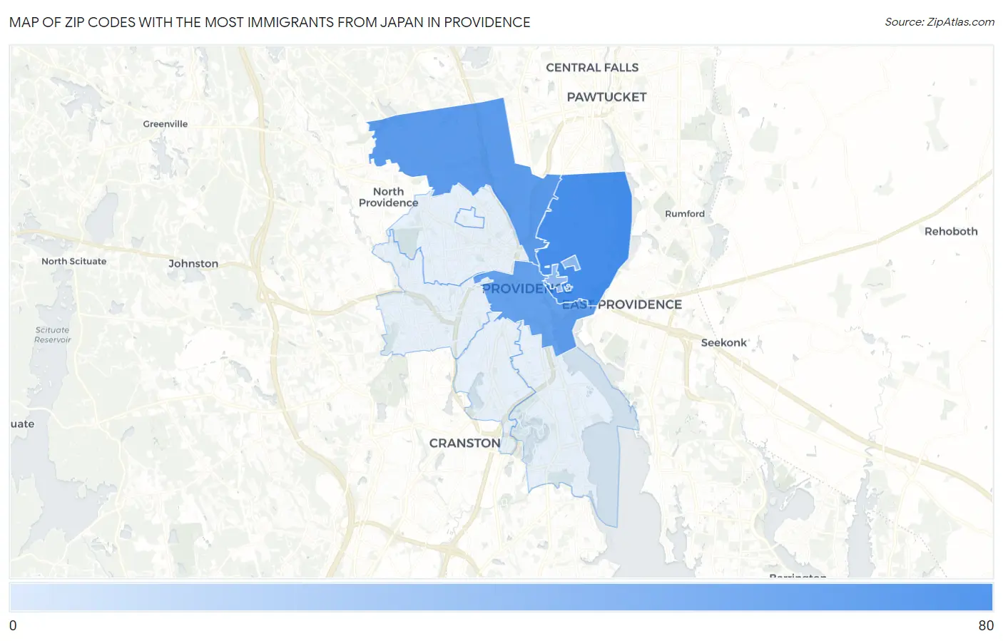 Zip Codes with the Most Immigrants from Japan in Providence Map