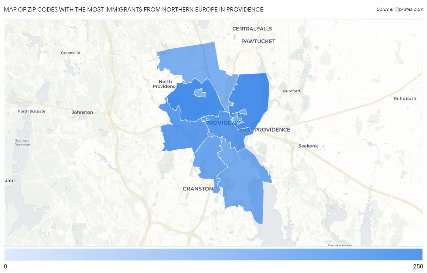 Zip Codes with the Most Immigrants from Northern Europe in Providence Map