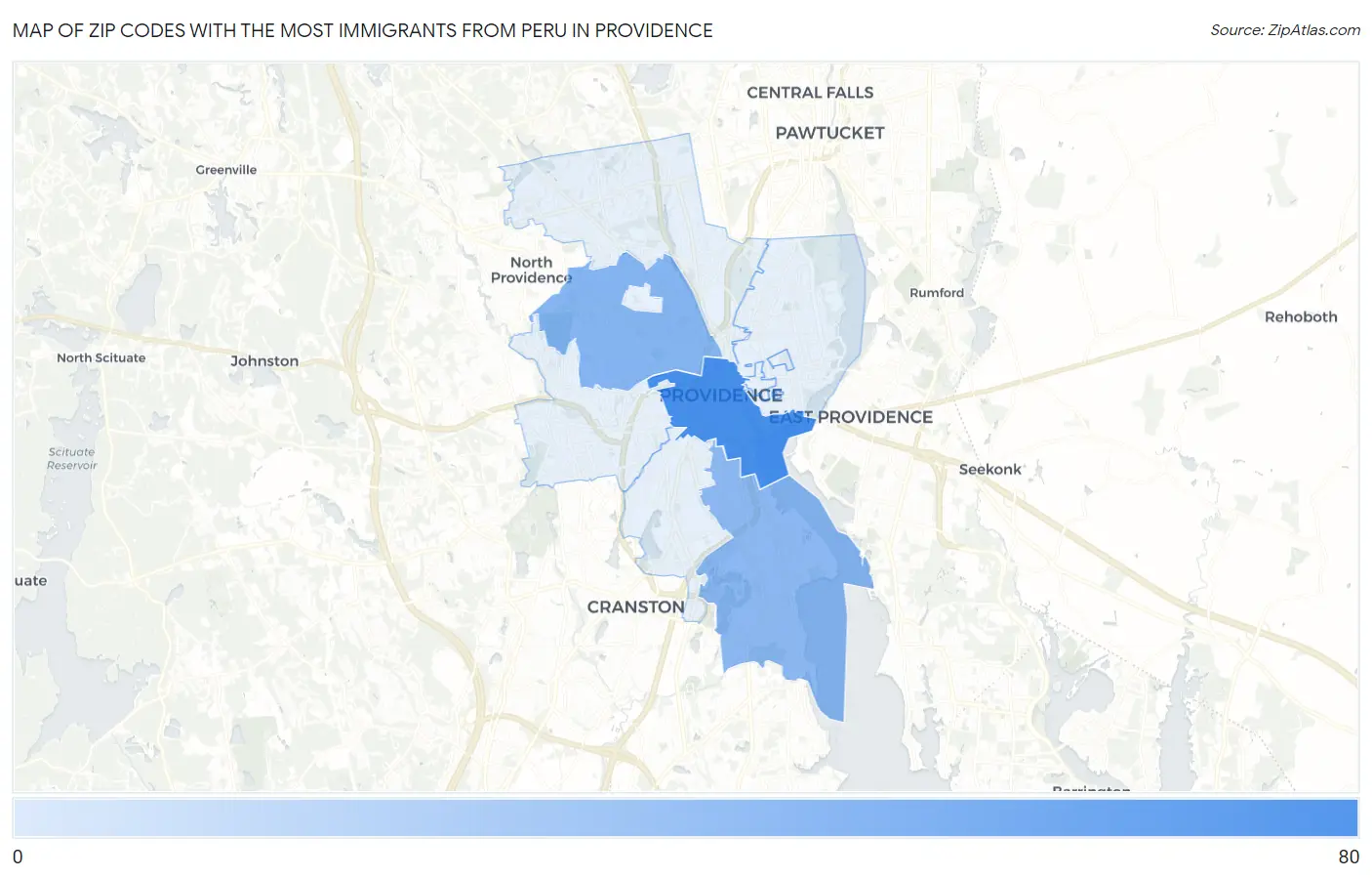 Zip Codes with the Most Immigrants from Peru in Providence Map