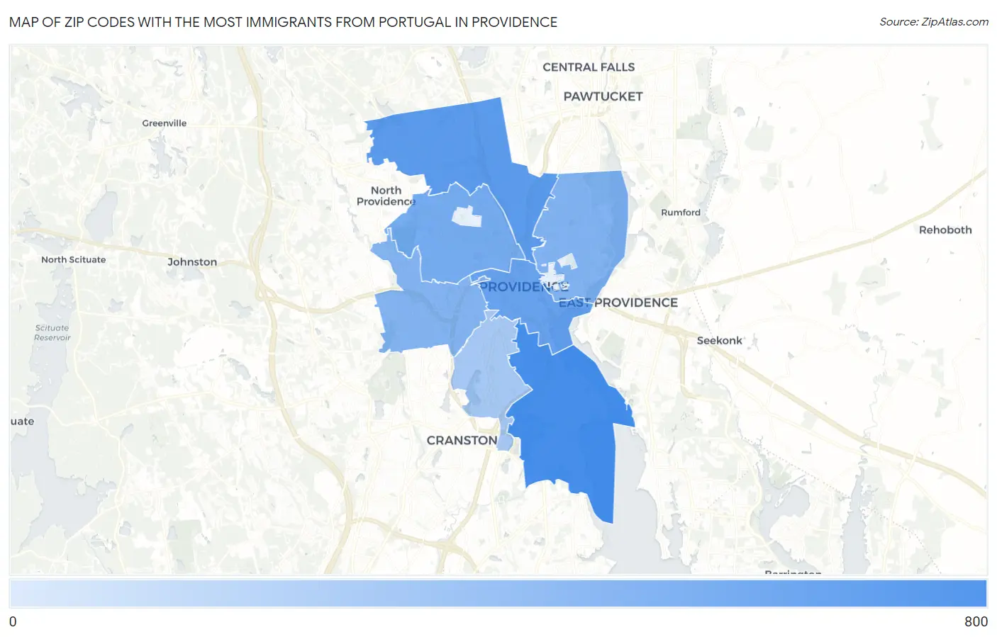 Zip Codes with the Most Immigrants from Portugal in Providence Map
