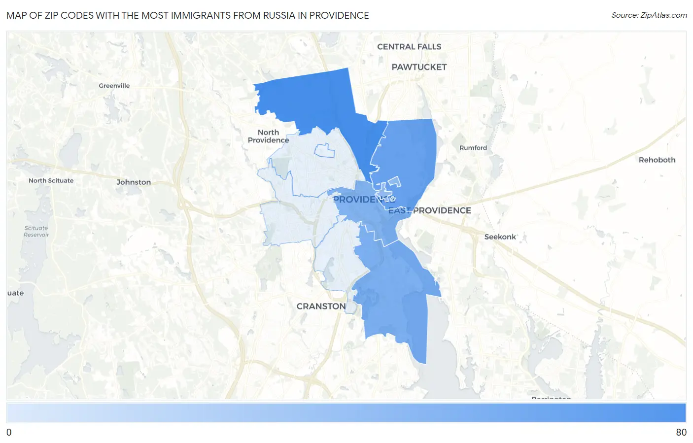 Zip Codes with the Most Immigrants from Russia in Providence Map