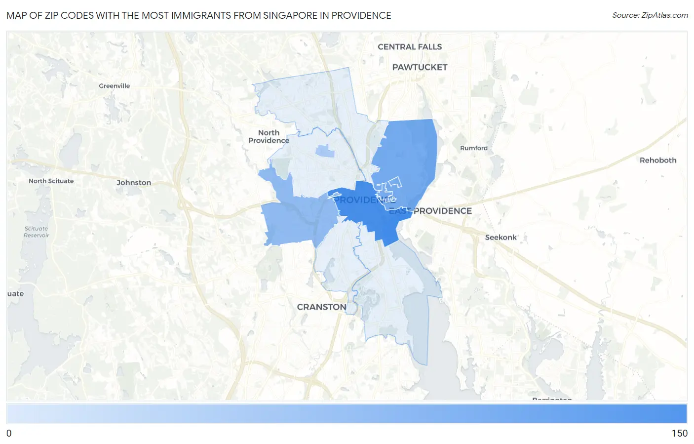 Zip Codes with the Most Immigrants from Singapore in Providence Map