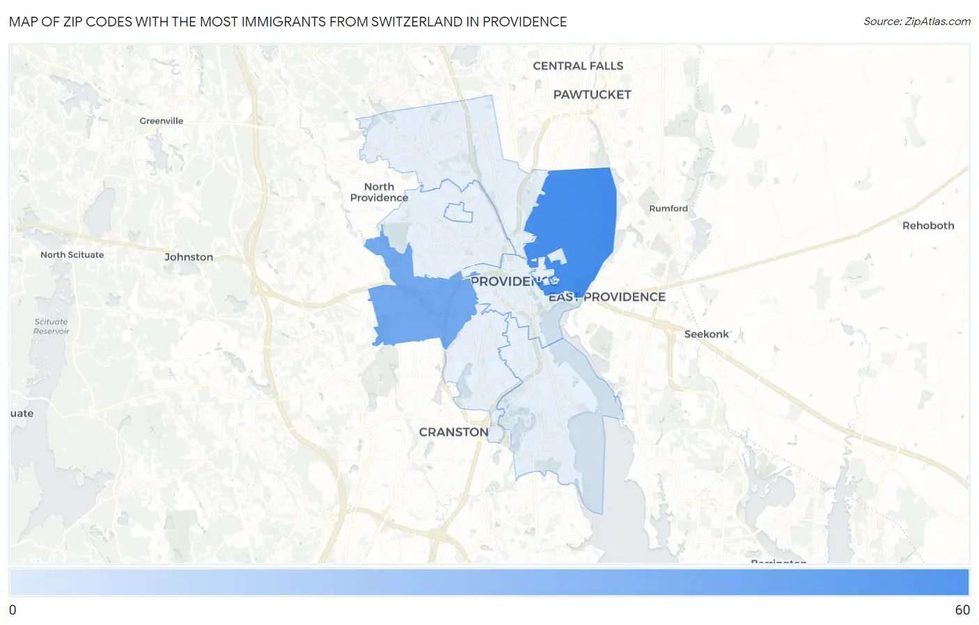 Zip Codes with the Most Immigrants from Switzerland in Providence Map