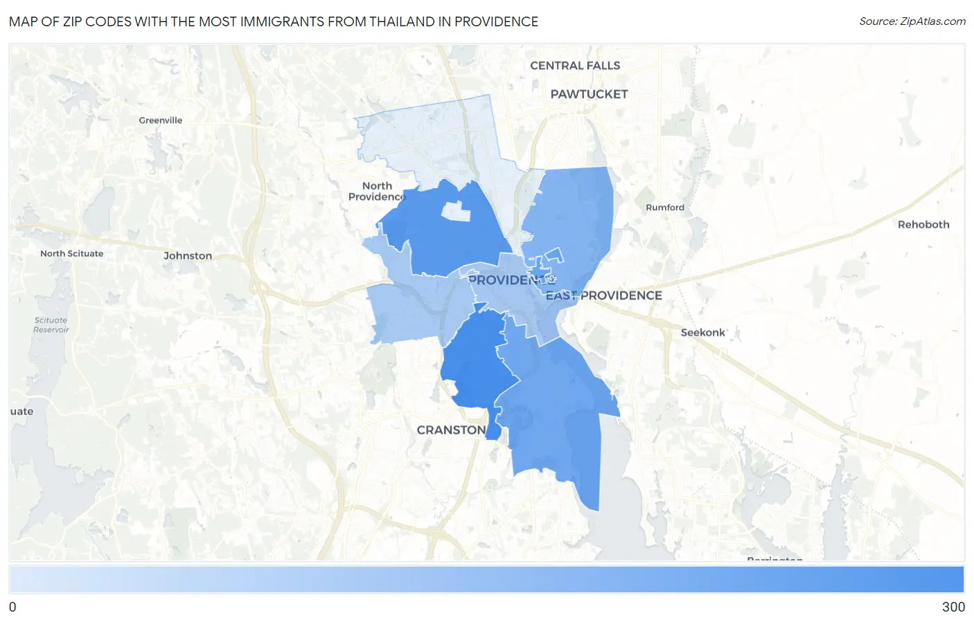 Zip Codes with the Most Immigrants from Thailand in Providence Map