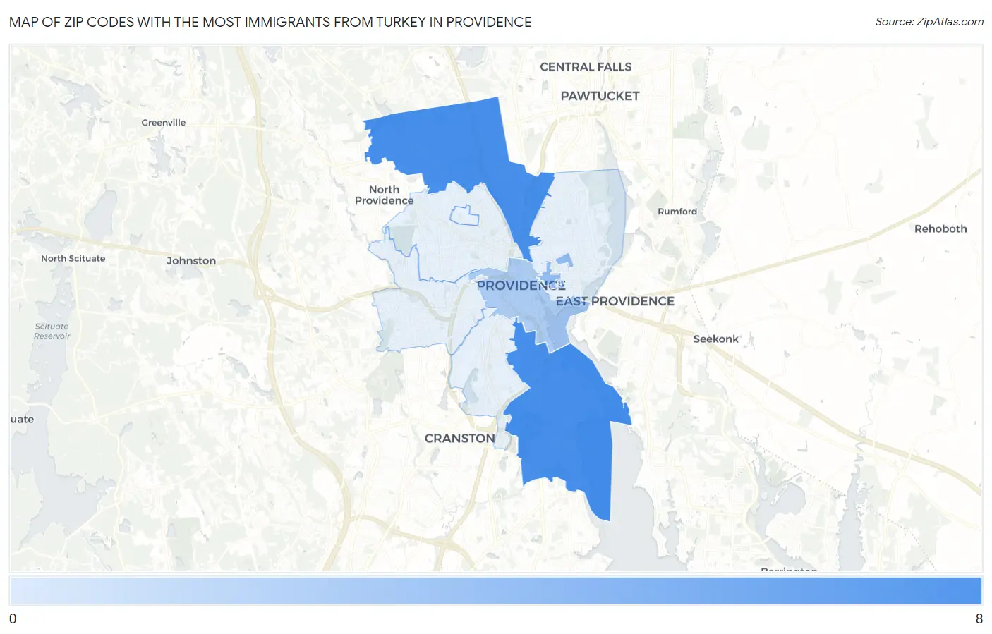 Zip Codes with the Most Immigrants from Turkey in Providence Map