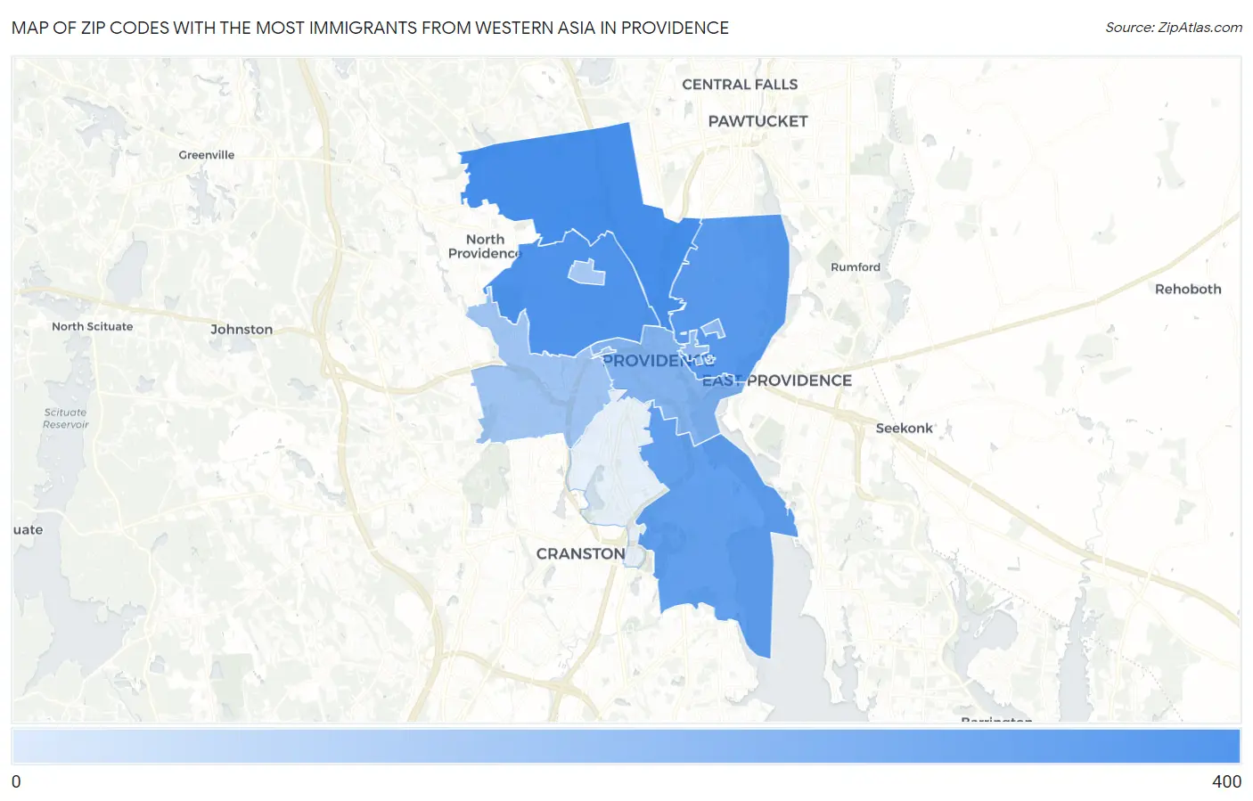 Zip Codes with the Most Immigrants from Western Asia in Providence Map