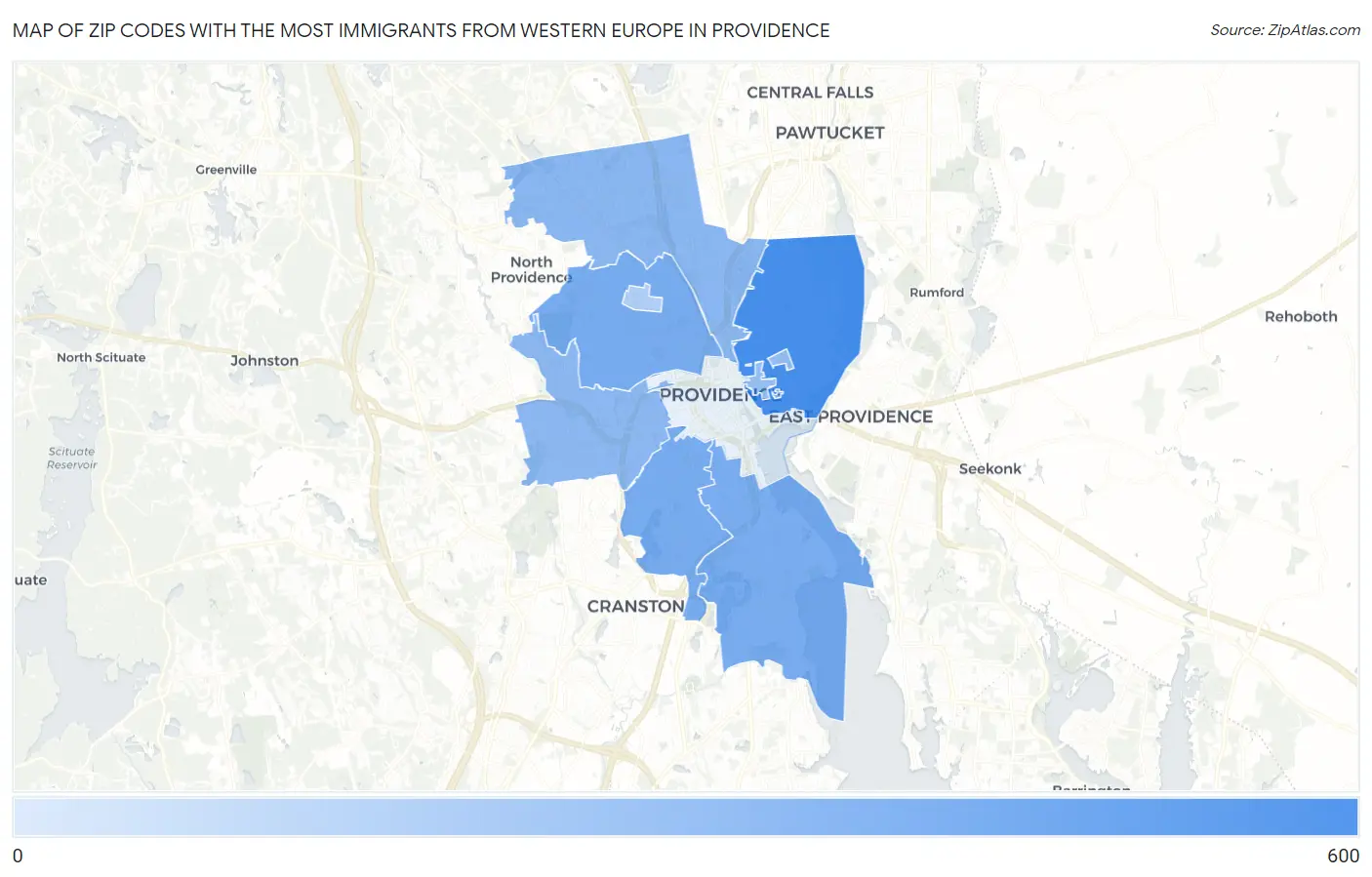 Zip Codes with the Most Immigrants from Western Europe in Providence Map