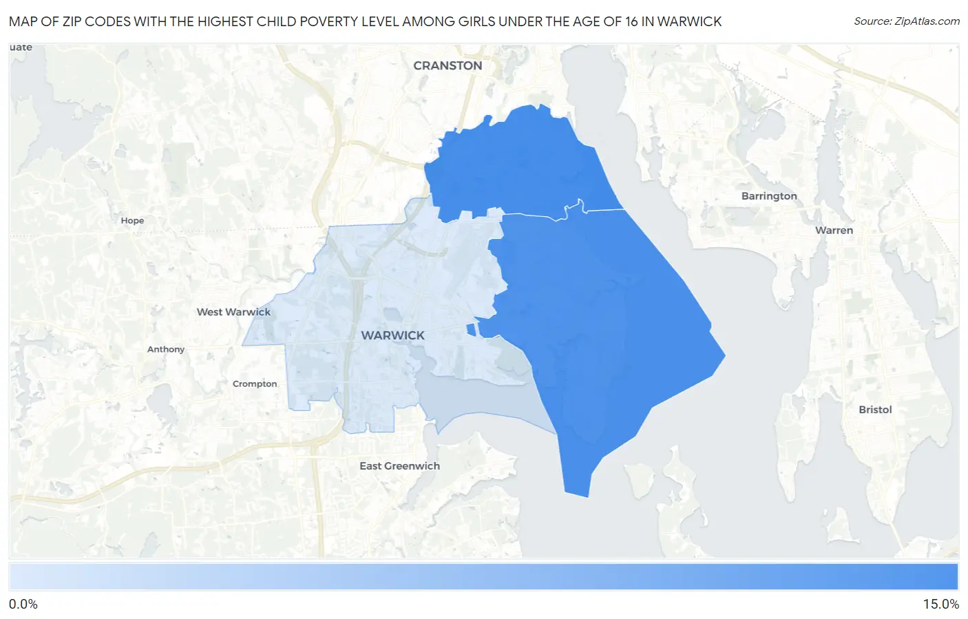 Zip Codes with the Highest Child Poverty Level Among Girls Under the Age of 16 in Warwick Map