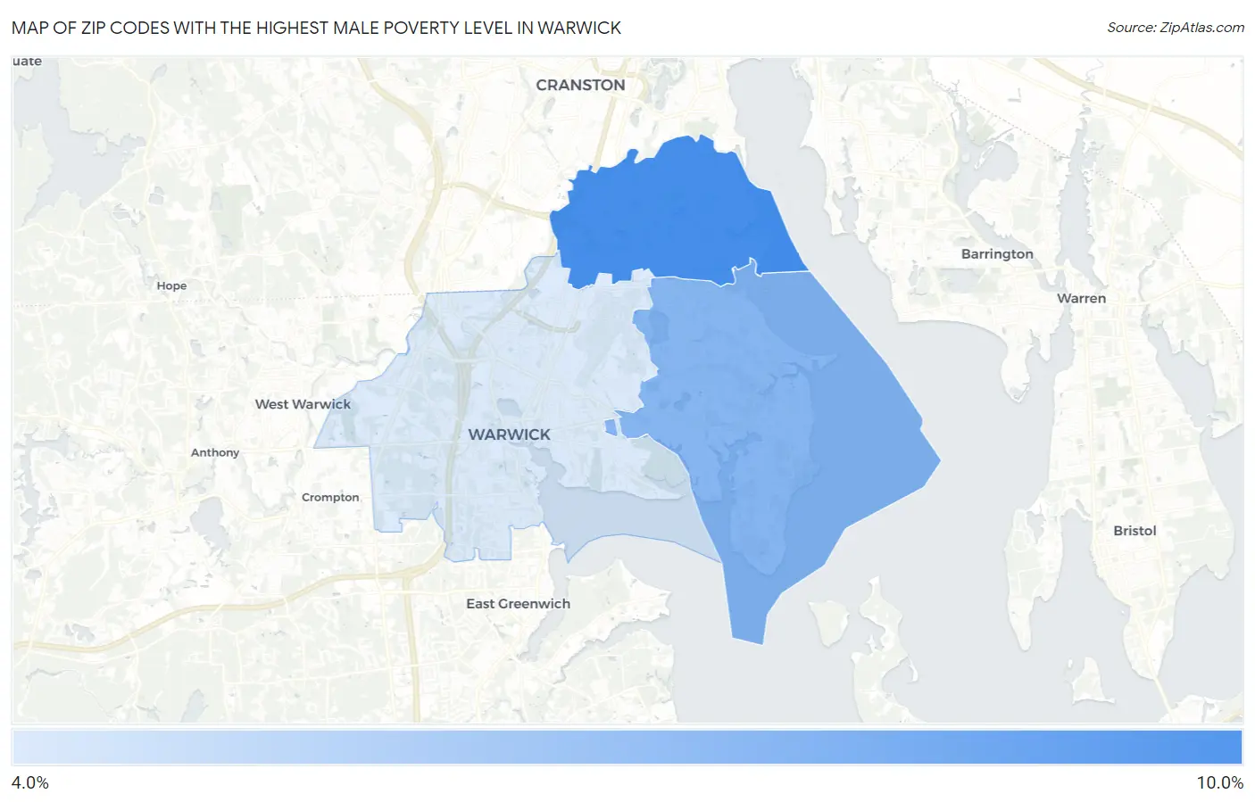 Zip Codes with the Highest Male Poverty Level in Warwick Map