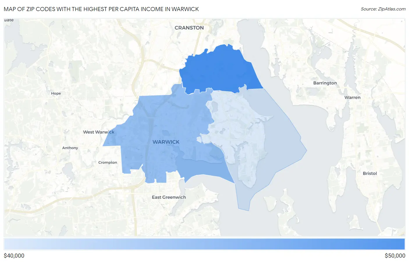 Zip Codes with the Highest Per Capita Income in Warwick Map