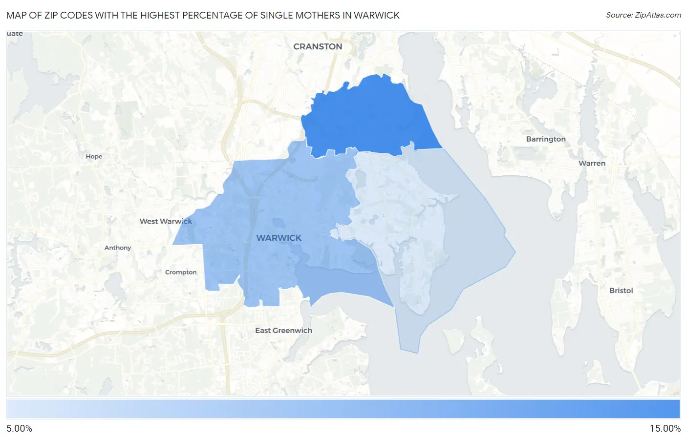 Zip Codes with the Highest Percentage of Single Mothers in Warwick Map